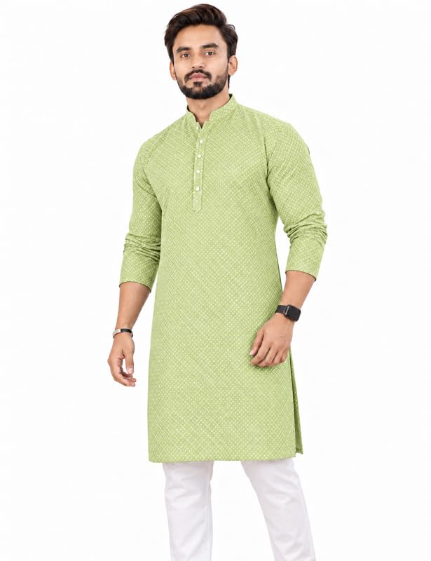 Image of Men's Lakhnawi Chikankari Kurta Set Cotton Ethnic Kurta Pajama for Men Wedding Festive Designer Indian Outfit Stylish Embroidered Kurta Set