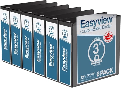 Image of Easyview 3-Ring Binder, Clear-View Cover, 3 inch Round Rings, Black, 6 Pack