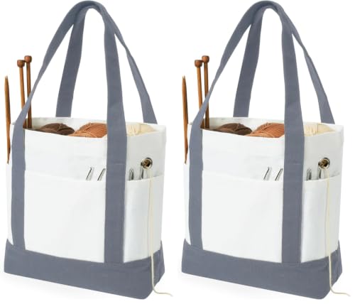 Image of Yarn Bag, Canvas Tote Crochet Bag Organizer, Lightweight Yarn Storage Knitting Bags for Crocheting, Portable Travel Bags and Totes, Crochet Accessories, Knitting Kit Holder (Pack of 2)