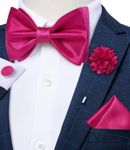 Image of DiBanGu Satin Bow tie Self-Tied Bowtie Set for Men Wedding Prom | Solid Color,Skin-Friendly,Versatile Accessory,Lapel Pin,Pocket Square,Cufflinks,School Dance,Banquet,Dinner,Celebration