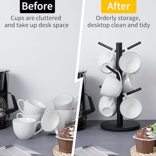 CECOMBINE Coffee Mug Holder With 6 Hooks - Black Bamboo Cup Tree With Thickened Base - Counter Storage Rack - Image 4