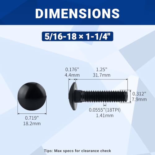 Image of 5 /16-18 x 1-1 /4 inch Black Carriage Bolts with Nuts and Washers Kits (10 Sets), 304 Stainless Steel 18 /8, Black Finish, Round Head, Square Neck, Heavy Duty Bolts, Indoor Outdoor Fastening Bolts, Fayeploo