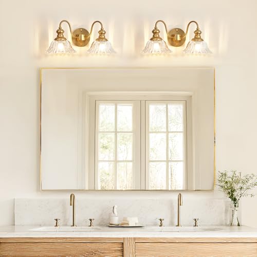 Image of 2 Lights Gold Vintage Bathroom Vanity Light Fixture Over Mirror | Floral Transparent Glass Shades,Antique Wall Sconces,Wall Mount Up or Down, E26 Socket, Hardwired, 120V