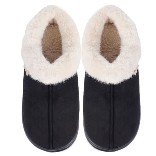 Women's Slippers Fluffy Memory Foam Suede Slippers Winter House Shoes Indoor and Outdoor (Black, Adult, Women, 13, Numeric Range, US Footwear Size System, 14, XX-Wide)3