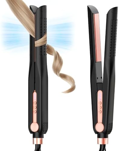 SKIMI Airflow Styler, Titanium Flat Iron Hair Straightener, Professional Curling Iron with Cooling Air Vents to Lock in Style, 5 Temps & Dual Voltage, Auto Off(Black & Coral).