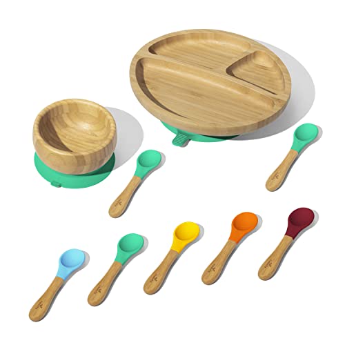 Image of Avanchy Toddler Baby Feeding Suction Plate, Bowl, Forks, Spoons Set, Soft Tip Silicone Spoon Babies Set, Divided Bamboo Stay Put Plates, Fits Most Eating Highchairs, Green