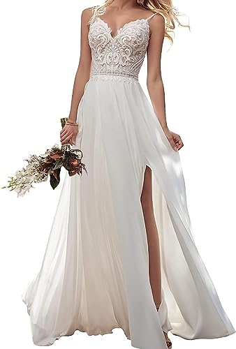 JAEDEN Brautkleider Damen Spaghettiträger Boho Hochzeitskleider A-Linie Spitze Standesamtkleid