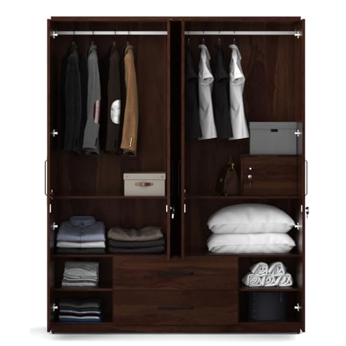 Image of Spacewood Lauren Wardrobe | 3 Year Warranty | Almirah, Cupboard, Almari, 4 Door Wardrobe, 4 Drawer (2 Lock Drawer) and 2 Hanging Space & 1 Internal Locker|Engineered Wood| Sheesham