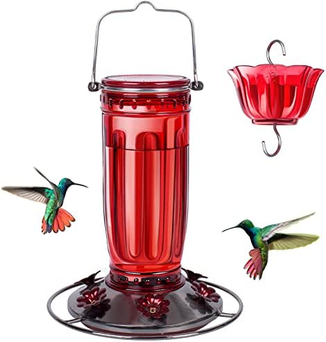 Kingsyard Glass Hummingbird Feeder for Outdoors Wild Bird Feeder with 6 Feeding Ports Hanging for Garden Yard, Red (Ant Moat Included)