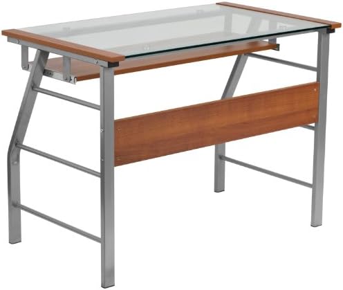 Flash Furniture Tremont Glass Computer Desk with Pull-Out Keyboard Tray and Bowed Front Frame, Clear/Silver, Set of 1