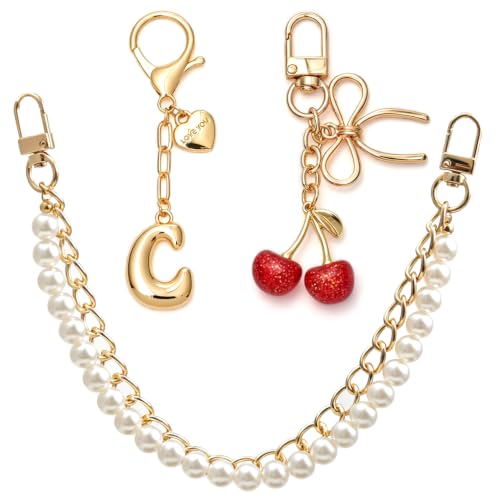 YILANFULL Llavero de letra inicial con dije de corazón de burbujas, accesorios dorados para bolsos, dijes de bolso de mujer, Inicial C de cereza, 0.6*3.1*4.7