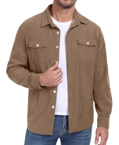 Image of Askdeer Men's Corduroy Button Down Shirts Long Sleeve Casual Shacket Jacket Western Corduroy Shirt Jacket with Flap Pockets
