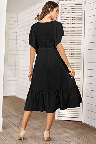 Pygfemr Women's 2023 Summer Dresses Empire Waist Smocked Flutter Short Sleeve V Neck Midi Dresses Black L #TOP2