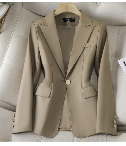 Women Casual Single Button Solid Blazers Office Long Sleeve Work Office Open Front Blazer Jacket Khaki L4