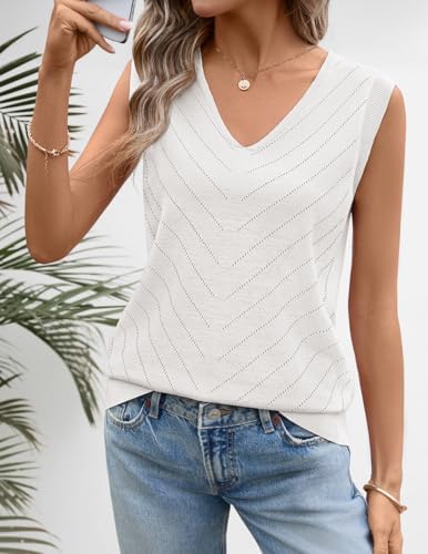 MEROKEETY Women Summer Sleeveless Tank V Neck Sweater Vest, White, Medium — view 2
