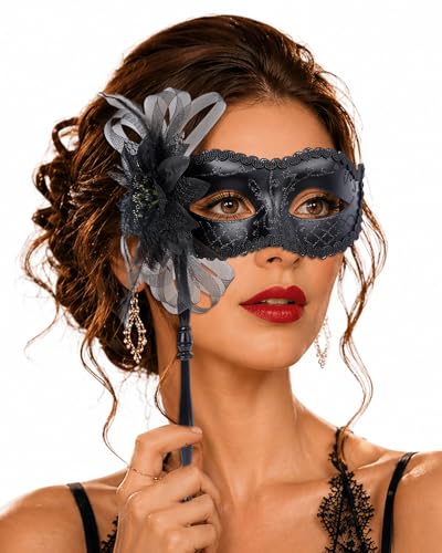 Zinniday Black Masquerade Mask with Stick 2026 Elegant Venetian Antique Masks with Detachable Feather Carnival Decorations for Women Men Renaissance Halloween Prom Ball Costume Cosplay Party