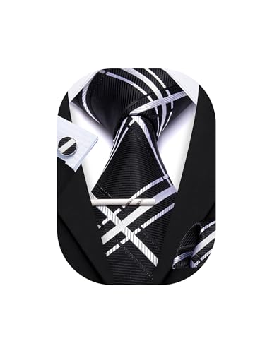 Image of YOHOWA Men Plaid /Striped Ties Set Silk Business Wedding Formal Fashion Necktie and Pocket Square Cufflinks Set