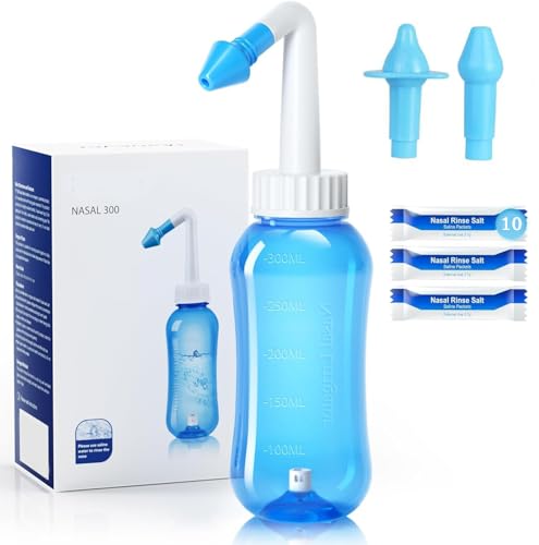 Nasal Rinse Bottle Set 300ml with 10 Salt Packets and 2 Nozzles | BPA-Free Neti Pot Sinus Irrigation...