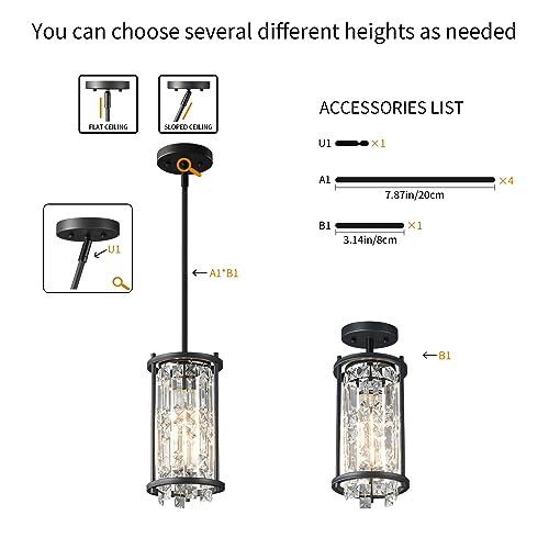 Image of LMQNINE Modern Black Pendant Light Fixtures for Kitchen Island, Crystal Chandelier Lights Fixture, Adjustable Farmhouse Pendant Lighting for Dining Room Bedroom (Round 1-Light)