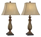 Traditional Table Lamps Set of 2 Two Tone Gold Leaf Linen Rectangular Bell Shade for Living Room Family Bedroom - Regency Hill