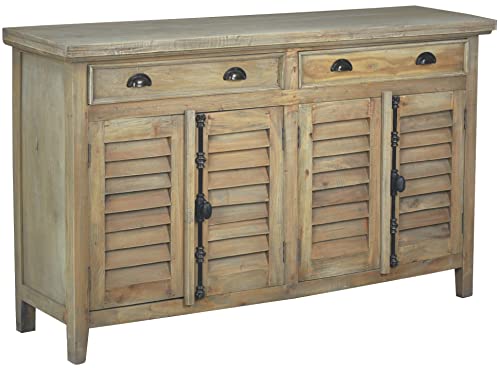Sunset Trading Cottage Shutter Door Credenza Solid Wood Sideboard | Fully Assembled Cabinet Buffet Server, 58' Wide, Distressed Driftwood Brown (CC-CAB163S-DW)