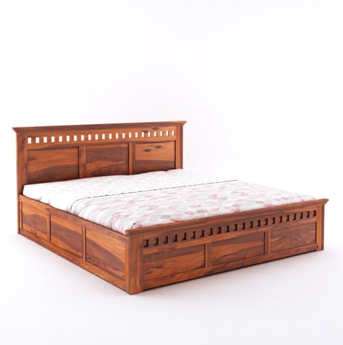 Image of Wooden Queen Size Bed with Storage Box Solid Wood Foldable for Bedroom | Wooden Folding Cot Queen Size Bed Frame (Queen Size, Honey Finish, 1 Piece)