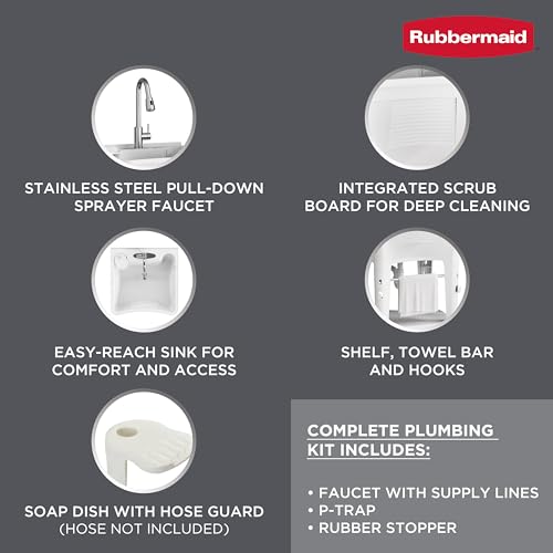 Image of Rubbermaid Utility Sink Laundry Tub, Freestanding All-in-One Sink with Premium Stainless Steel Sprayer Faucet, for Laundry Room, Basement, Garage, 24.1 inch L x 24.1 inch W x 52.5 inch H, White