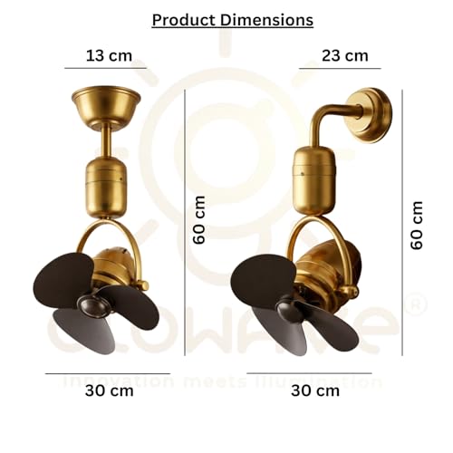 Image of Glowave 3 Blade Designer Fan, Premium Golden Finish, Stylish Wall Fan for Bedroom, Living Room, Office, Kitchen & Home (FI-7802 /GD+BK)