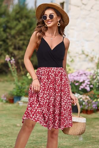 Image of VOTEPRETTY Women's V-Neck Spaghetti Strap Dress Summer Casual Swing Sundress with Pockets