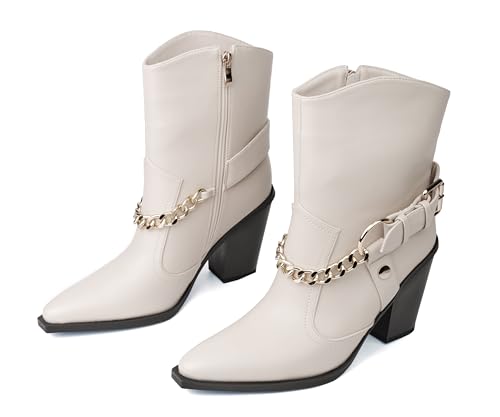 Image of Women's Chain Detail Western Ankle Boots Pointed Toe Block Heel