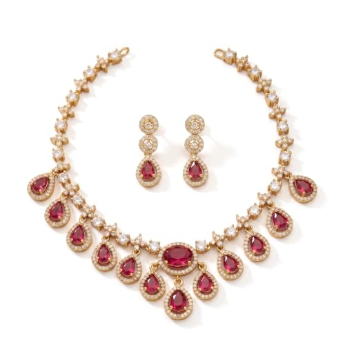 Antique Gold Plated Temple Jewellery Necklace Set with Earrings for Women, Traditional Indian Bridal Necklace Set, South Indian Choker Haram Style Jewellery Set, Ethnic Wedding for Women (AD-Neck-214-Red)