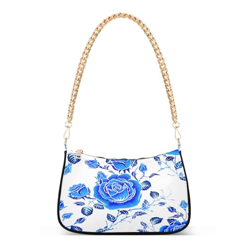 Shoulder Bag for Women Blue Roses White Tote Handbag Crossbody Bag with Zipper Closure