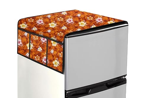 Image of The Furnishing Tree Fridge Top Cover Compatible for Samsung RR20C1824CR /HL, 183 LTR WxL 65x111 in CM Floral Pattern Orange