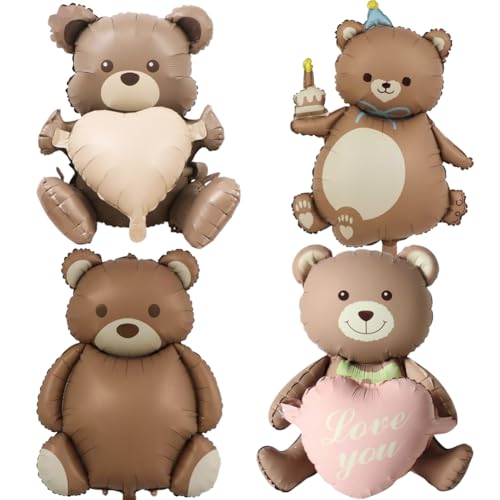 Globos de oso, Bear Foil Balloons,Oso decorativo para cumpleaños, globos de oso pardo, globos de papel de aluminio para San Valentín, decoración de boda, compromiso, cumpleaños,4PCS
