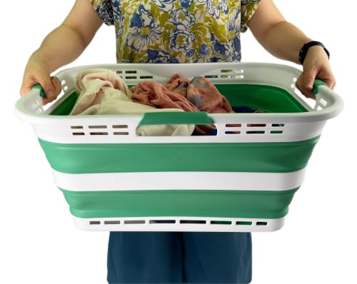 Image of SAMMART Set of 2 Collapsible Plastic Storage Basket - Foldable Pop Up Storage Container - Portable Laundry Organizer - Space Saving Hamper (White /Winter Green, 42L (Style A))