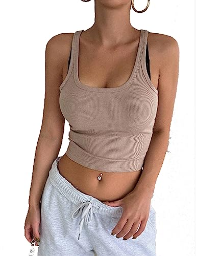 ELESOL Women's Casual Summer Solid Knit V Neck Basic Crop Sleeveless Top Khaki S