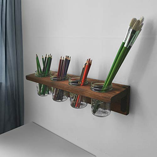 Mason Jar Shelf, Rustic Farmhouse Toothbrush Holder Wall-Mounted, Hanging Mason Jars Organizer for Planters and Candle, Solid Wood Shelf for Office, Kitchen, Barthroom