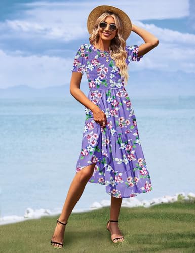 Image of YESNO Women's Summer Causal Puff Short Sleeve Smocked Dress Elastic Waist Tiered Midi Dress with Pockets EP2