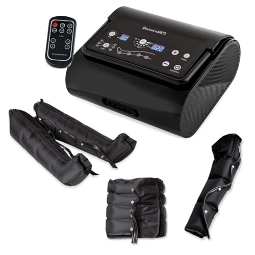 Dinamicamed ® Presoterapia Profesional para Casa Maquina Compacta Completa con 6 Programas de Masaje - Maquina Presoterapia Piernas 4 Cámaras de Aire con Perneras XL, Cinta para el Abdomen y Pulsera