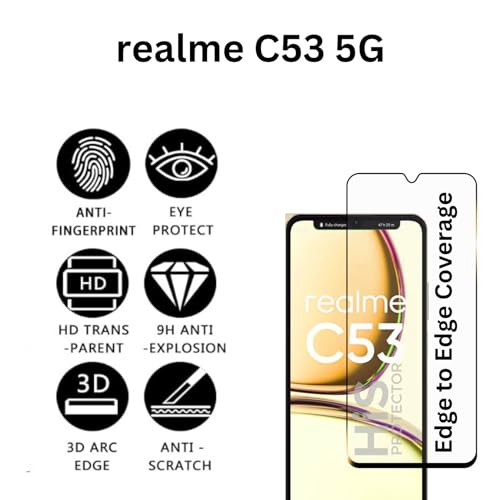 Image of HiS compatible with Realme C53 5G Smartphone Tempered Glass [With Warranty] Screen Protector Guard Full Edge To Edge 9H Full Glue Fhd With Easy Installation Kit (C 53)