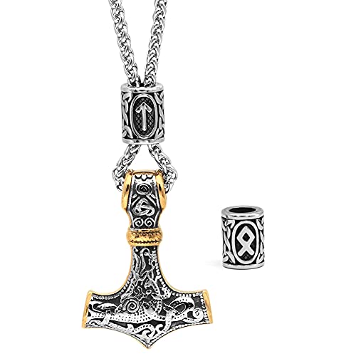 Viking thor hammer mjolnir necklace for men rune amulet noridc jewelry viking gift for men (Between gold)