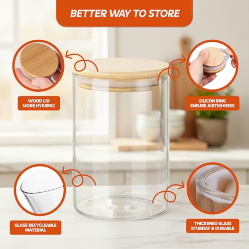 Image of amazon basics Glass Jars with Bamboo Lids, Set of 6, 600ml Borosilicate Kitchen Storage Containers for Tea, Coffee, Sugar, Spices, Dry Fruits & Pantry Organization
