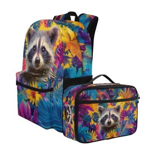 Raccoon Flowers Print Oil Painting Animal Kids Backpack Set School Bookbag with Lunch Box for Boys Girls2