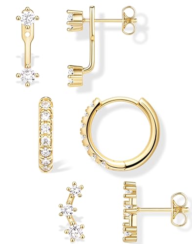 Trendy Earrings Stack for Women Accessories, Gold Dainty Studs Huggie Hoop Jacket Cartilage Earring Set for Multiple Piercing, Small Cute Fashion Birthstone Jewelry Gifts Set