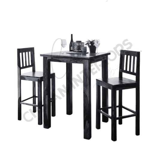 Image of Solid Sheesham Wood Bar Dining Table 2 Seater Set /Compact Bar Dining Table with 2 Chairs (Solid Sheesham Wood, 2 Chairs, 1 Table, Walnut Finish)