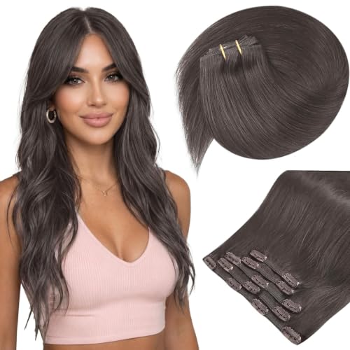 Image of Sunny Hair Clip in Hair Extensions Real Human Hair Mocha Black Brown 85g | Remy Hair for Women Invisible Clip Ins for Fine Hair Natural Look Easy of Use for Daily Wear Lightweight 12 Inch