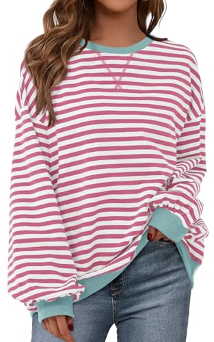 Image of PRETTYGARDEN Womens Striped Oversized Sweatshirt Color Block Crew Neck Long Sleeve Casual Loose Pullover Top Y2K Clothes