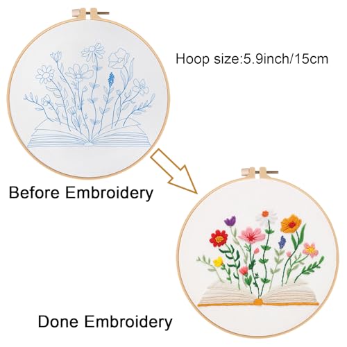 Image of Louise Maelys Book & Flowers Embroidery Kit for Beginners Decor Craft Gift | Needlepoint Kit with Pre-Printed Fabric, Hoop, Needles, Color Threads & Detailed Guide, DIY Cross Stitch Kits for Women