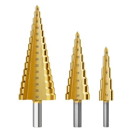 Sxmrmnx Juego de brocas escalonadas, 3 brocas escalonadas de titanio, métricas de 4 mm a 32 mm HSS6542 para metal, madera, PVC A