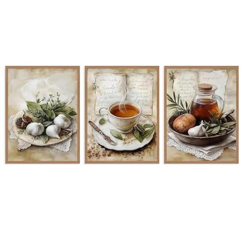 Dazzlewall Juego de 3 Piezas de Arte de Pared de Cocina Rústico Vintage, Ajo, Hierbas, Té y Libros para Decoración de Comedor, Restaurante o Hogar, 12x16 Pulgadas Sin Enmarcar
